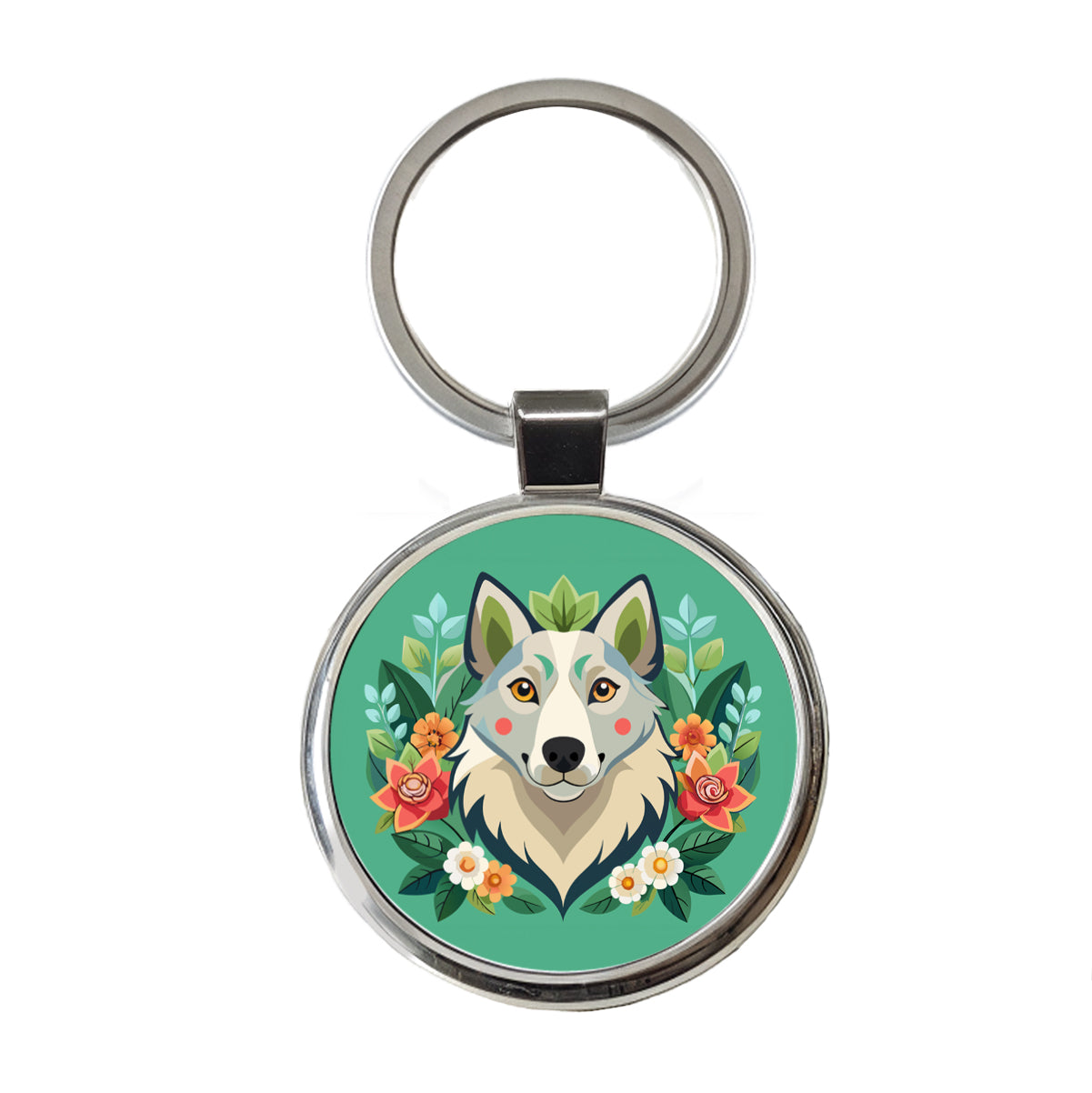 Siberian Retriever Head Floral Motif Green Dog Round Metal Keychain