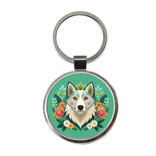 Siberian Retriever Head Floral Motif Green Dog Round Metal Keychain