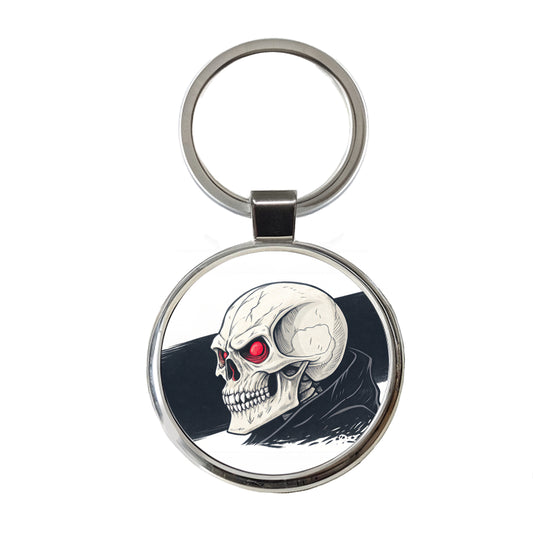 Skull With Red Eyes Menacing Round Metal Keychain