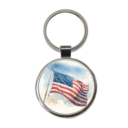 Waving American Flag Watercolor USA United States Round Metal Keychain