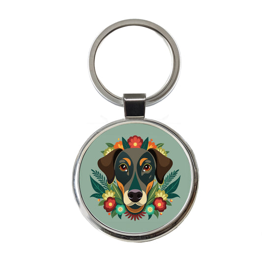 Weimador Head Floral Motif Gray Dog Round Metal Keychain
