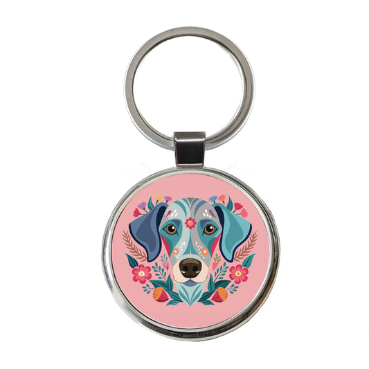 Weimador Head Floral Motif Light Pink Dog Round Metal Keychain