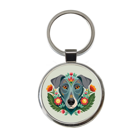 Weimador Head Floral Motif Round Metal Keychain
