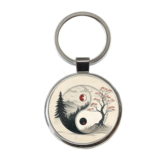 Yin Yang Japanese Cherry Blossoms Round Metal Keychain