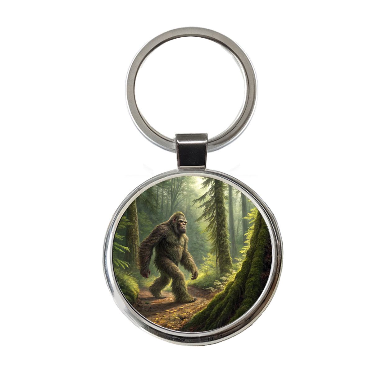 Bigfoot Hiking In Forest Round Metal Keychain