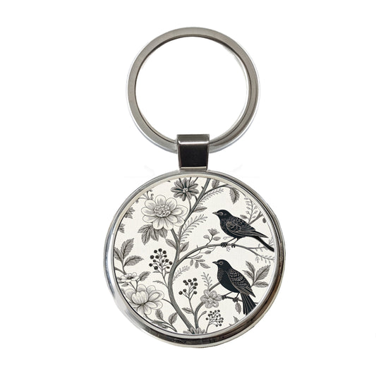 Black On White Toile With Birds Round Metal Keychain