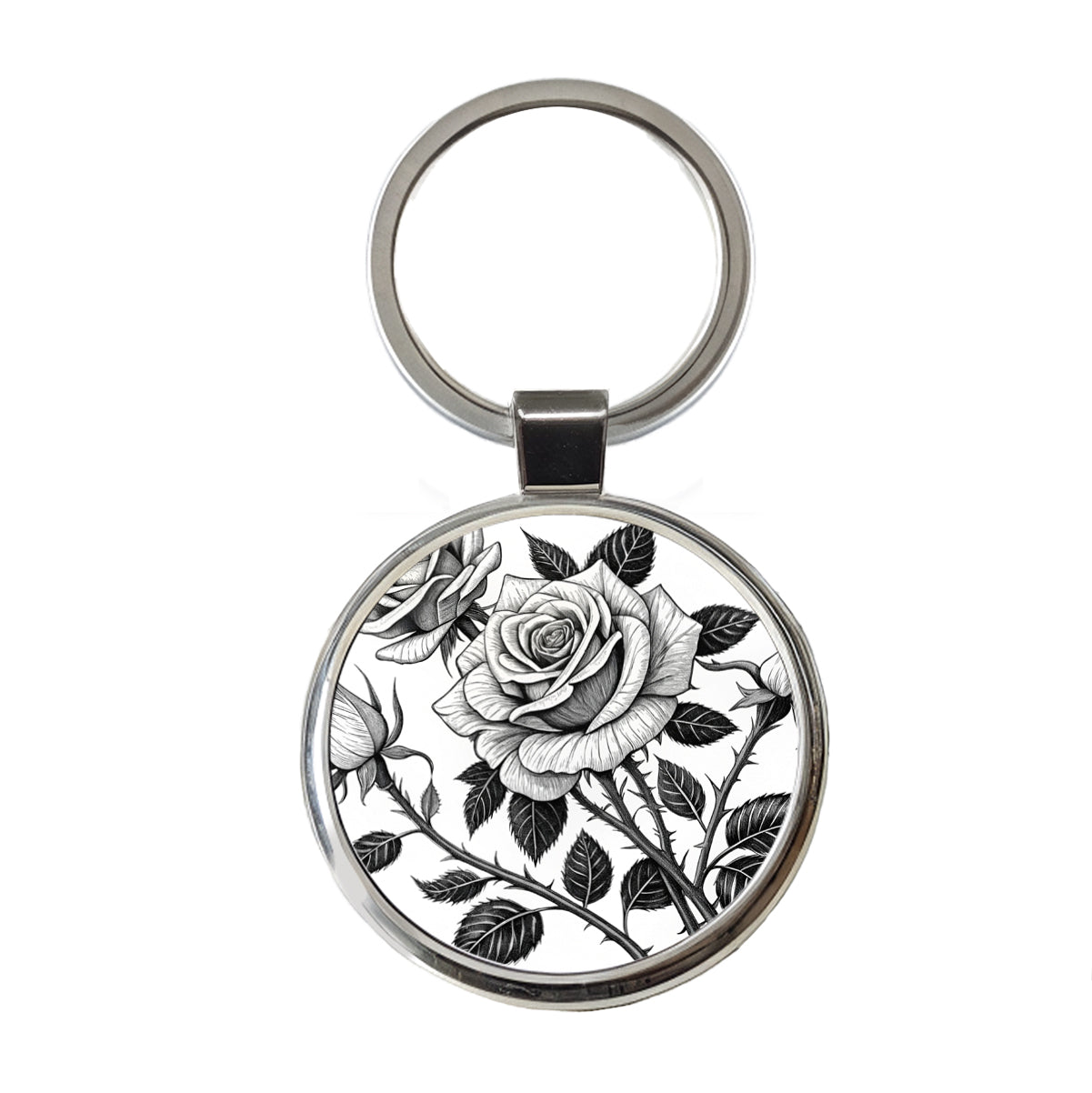 Black White Roses Round Metal Keychain