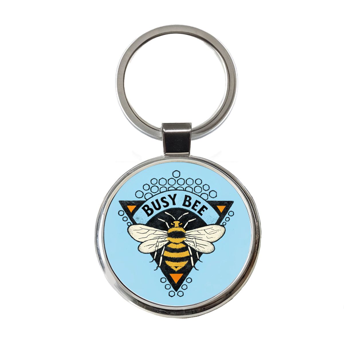 Busy Bee Blue Round Metal Keychain