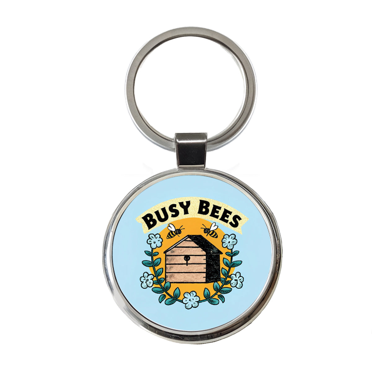 Busy Bees Round Metal Keychain