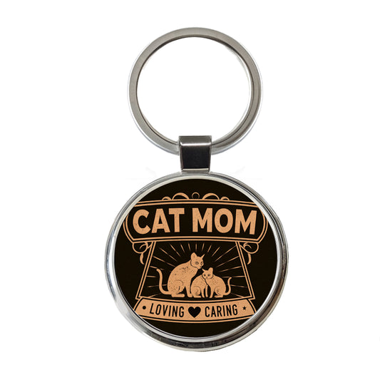 Cat Mom Round Metal Keychain