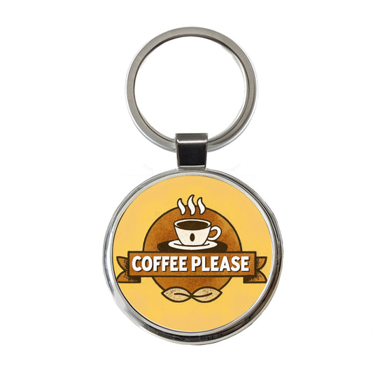 Coffee Please Yellow Round Metal Keychain