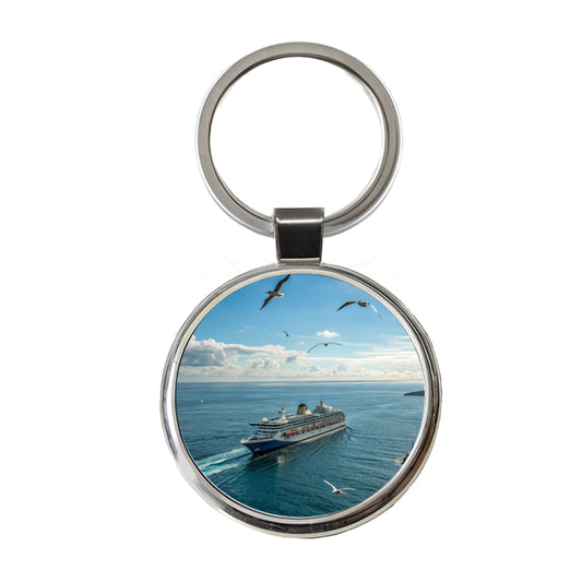 Cruise Ship Ocean Traveling Round Metal Keychain