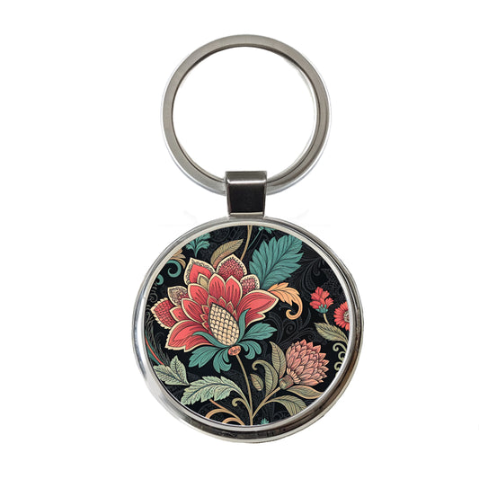 Damask Pretty On Black Round Metal Keychain