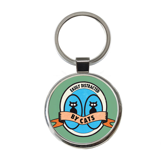 Easily Distracted By Cats Round Metal Keychain
