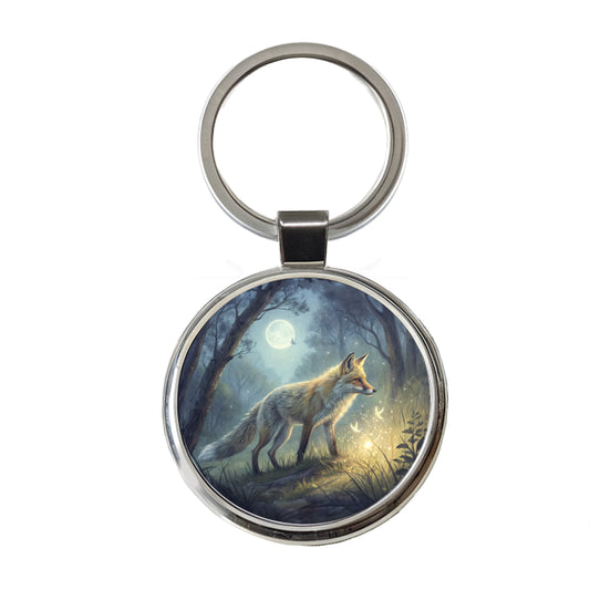 Fox At Night Round Metal Keychain
