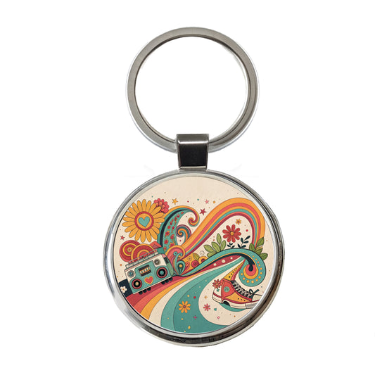 Groovy Design 70's Round Metal Keychain