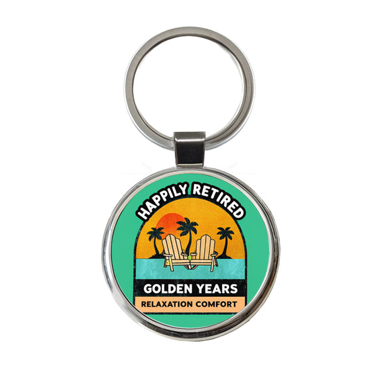Happily Retired Retirement Round Metal Keychain