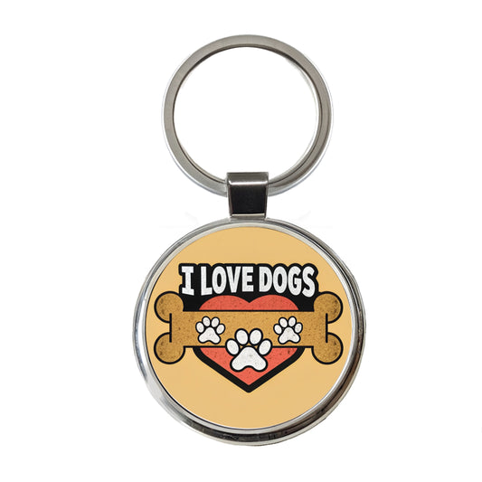 I Love Dogs Bone Paw Prints Round Metal Keychain