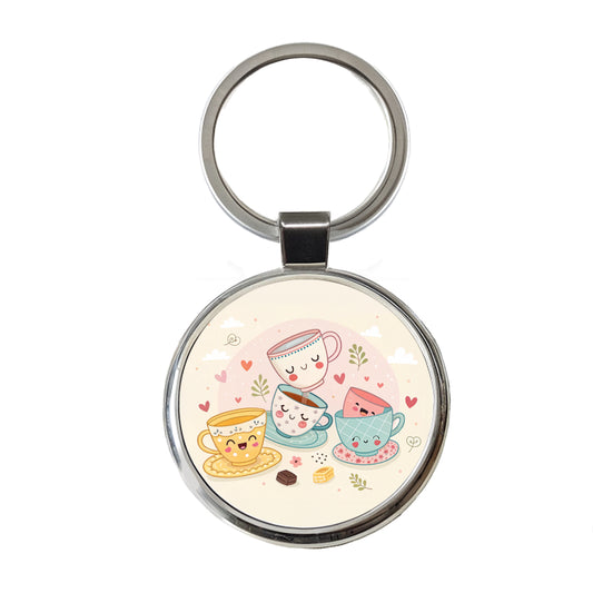Kawaii Happy Tea Cups Round Metal Keychain