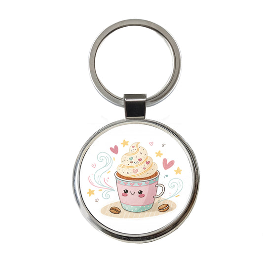 Kawaii Latte Coffee Round Metal Keychain