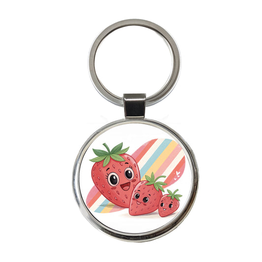 Kawaii Strawberries Diagonal Stripes Round Metal Keychain