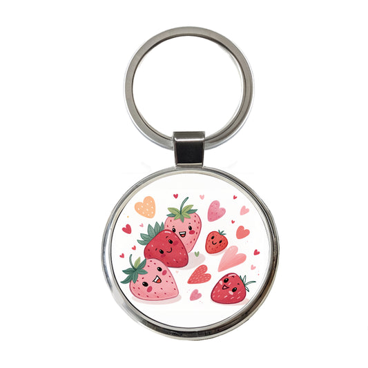 Kawaii Strawberries Hearts Round Metal Keychain