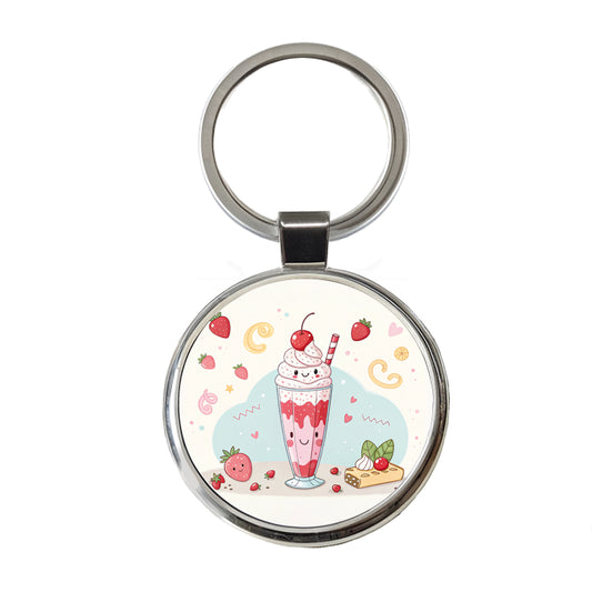 Kawaii Strawberry Milk Shake Round Metal Keychain