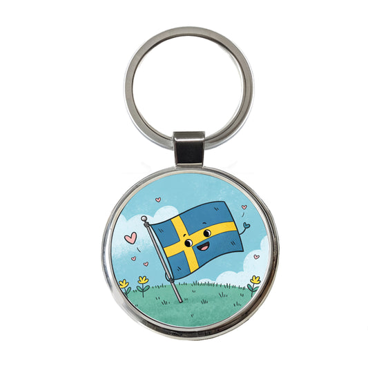 Kawaii Sweden Flag Round Metal Keychain