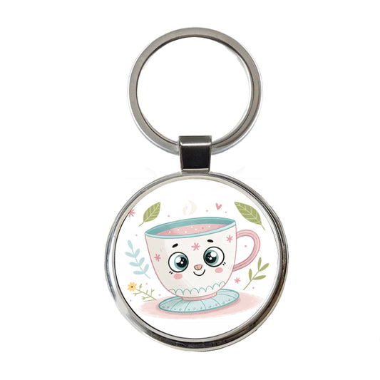 Kawaii Tea Cup Round Metal Keychain