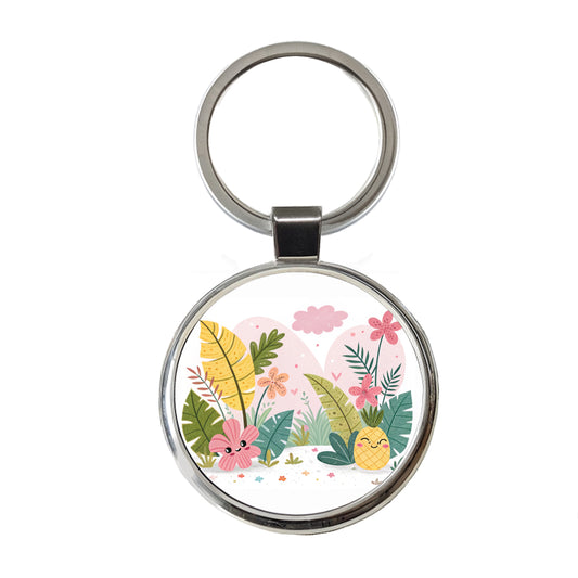 Kawaii Tropical Plants Round Metal Keychain