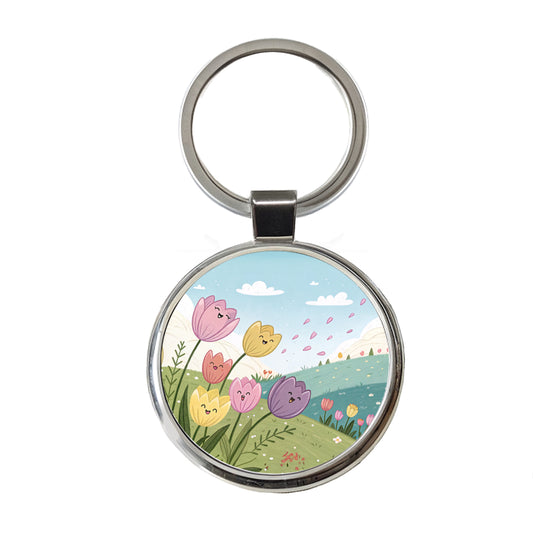 Kawaii Tulips Flowers Round Metal Keychain
