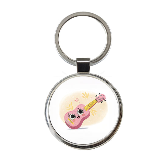 Kawaii Ukulele Pink Music Round Metal Keychain