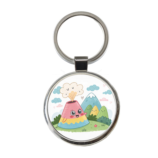 Kawaii Volcano Round Metal Keychain