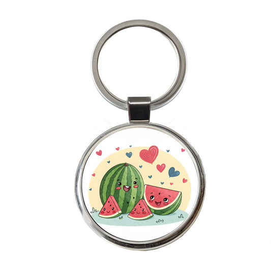 Kawaii Watermelon Hearts Round Metal Keychain