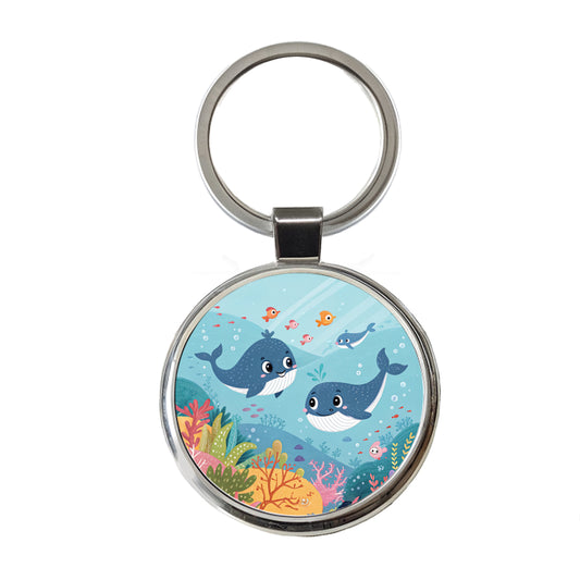 Kawaii Whales Round Metal Keychain