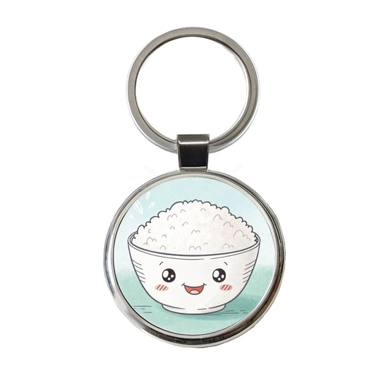Kawaii White Rice Bowl Round Metal Keychain