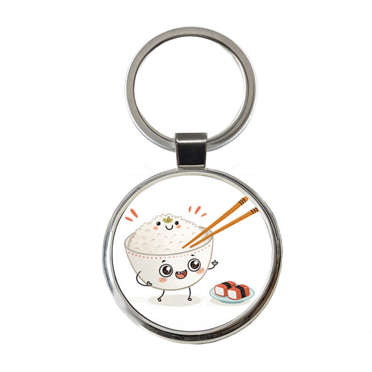 Kawaii White Rice Chopsticks Sushi Round Metal Keychain