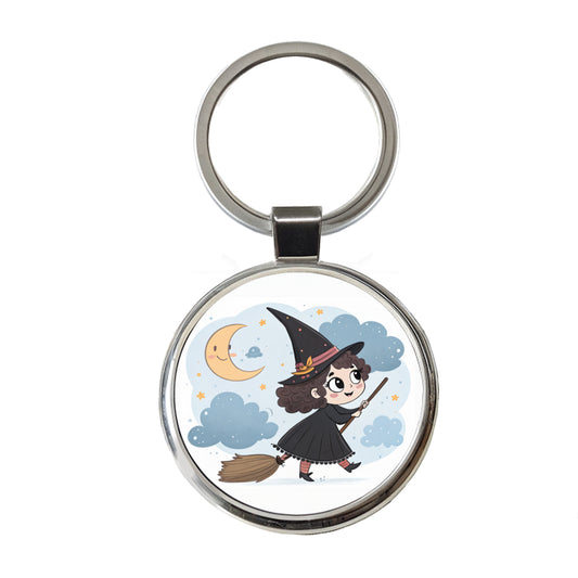 Kawaii Witch Broom Halloween Round Metal Keychain