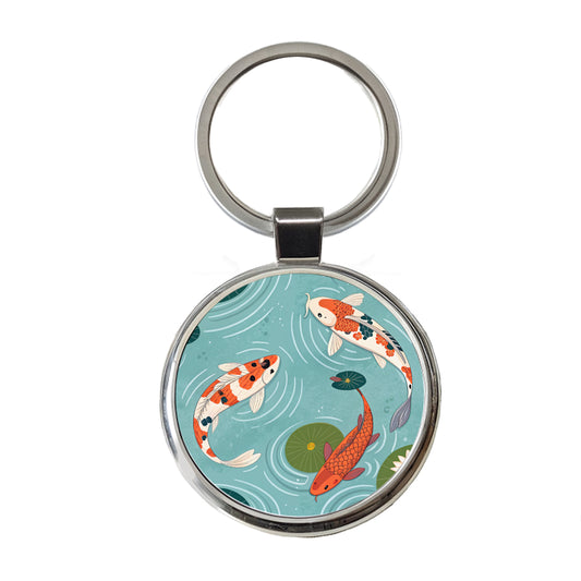 Koi Fish Swimming In Pond Round Metal Keychain