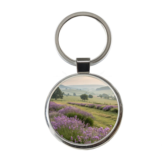 Lavender Flowers Field Round Metal Keychain