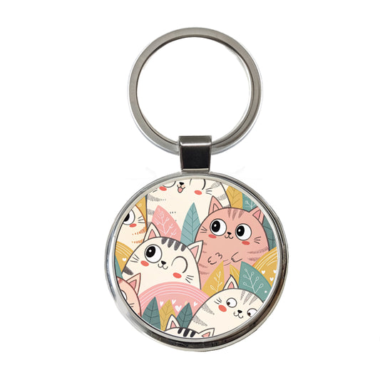 Lots Of Kawaii Adorable Cats Round Metal Keychain