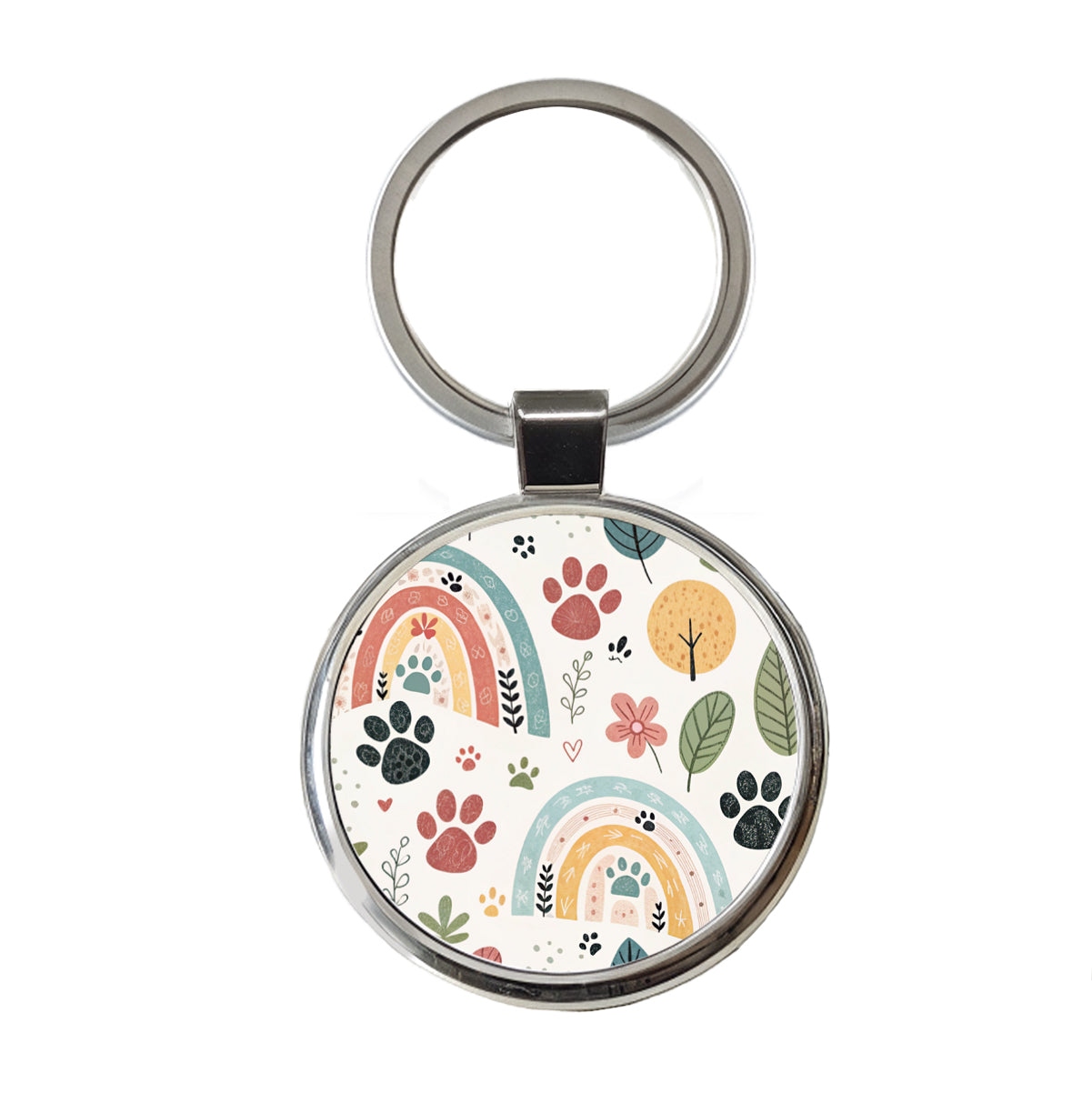 Paw Prints Cute Rainbows Round Metal Keychain
