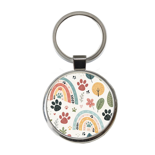 Paw Prints Cute Rainbows Round Metal Keychain