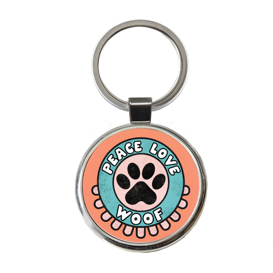 Peace Love Woof Dogs Paw Print Round Metal Keychain