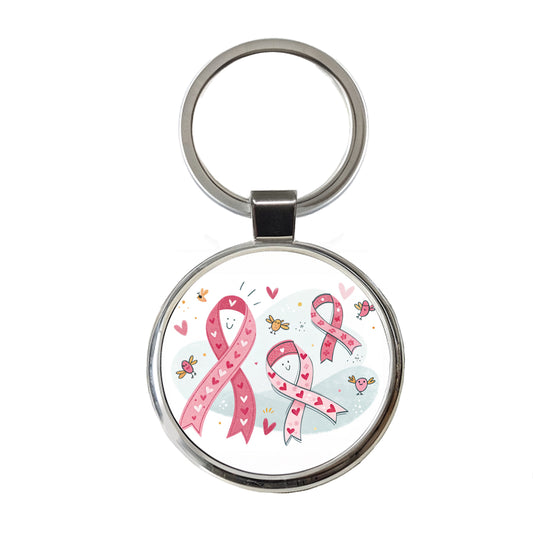 Pink Cancer Awareness Ribbons Round Metal Keychain
