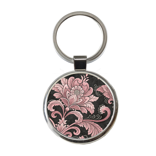 Pink Damask On Black Round Metal Keychain