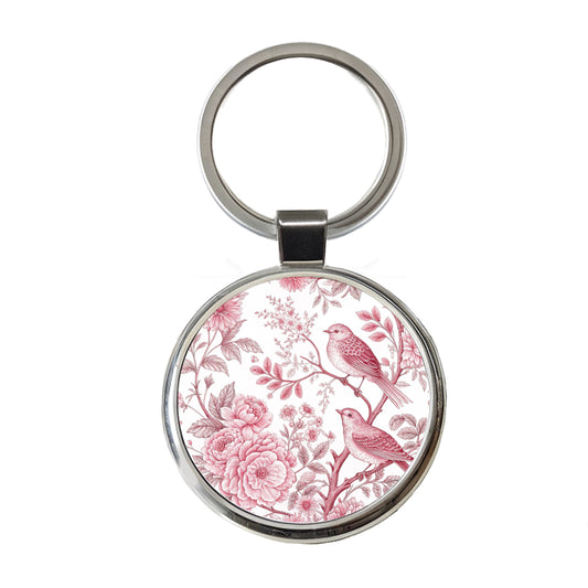 Pink On White Toile With Birds Round Metal Keychain