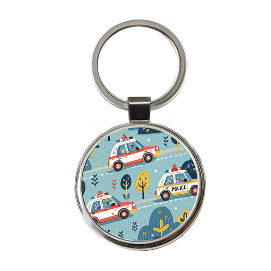 Police Cars Cute Round Metal Keychain