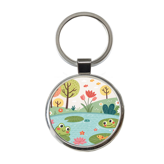 Pond And Frogs Round Metal Keychain