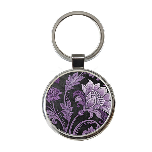 Purple Damask On Black Round Metal Keychain